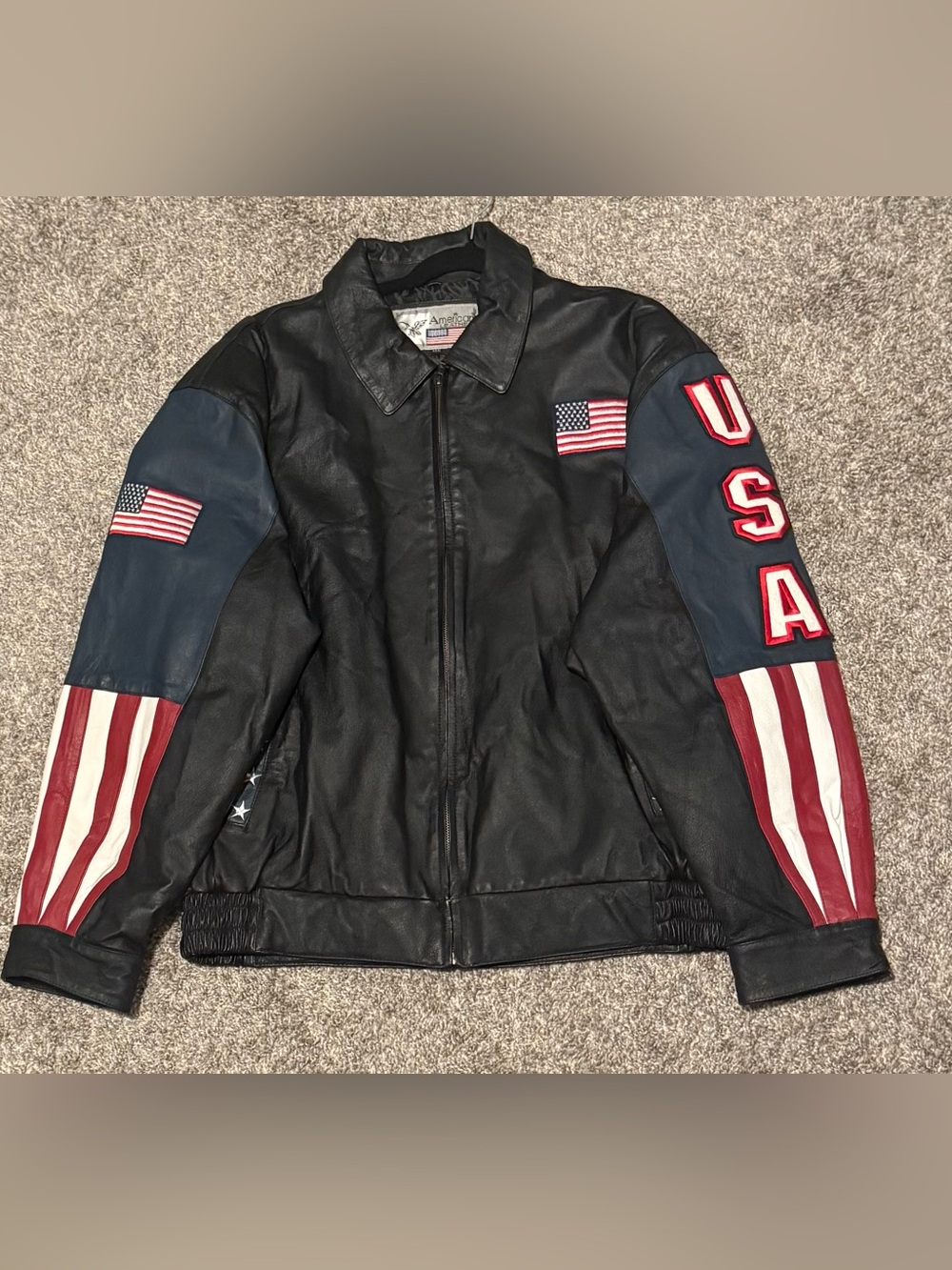 Vtg American Leather USA Flag Bomber Jacket Mens XXXL 3XL Patriotic Biker 90s